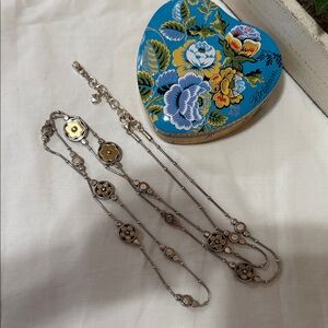 Brighton Silver-Tone Long Layered Necklace with Gold Floral Accents